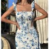 Women's Floral Print Ruched Square Neck Maxi Dress Tie Back High Slit Flared Dresses