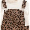 Girl's Leopard Print Corduroy Pinafore Dress Sleeveless Short Overall Dresses