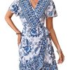 Women's Summer Casual Boho Floral Print Short Sleeve Wrap V Neck Ruffle Hem A Line Dress