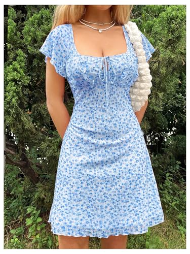Women's Vintage Floral Print Mini Dress Cap Sleeve Square Neck Short Dresses