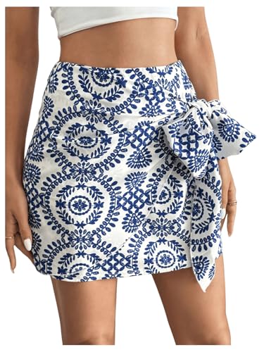 Women's Allover Print Knot Side High Waist Wrap Skirt Zipper Back Boho Mini Skirt