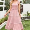 Women's 2025 Summer Wedding Guest Dress Ruffle Sleeve Smocked Square Neck Long Flowy Tiered Maxi Sundress