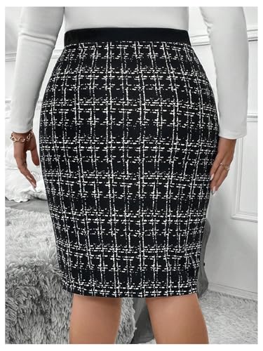 Women's Plus Size Plaid Skirt High Waisted Button Front Split Hem Knee Length Pencil Skirts