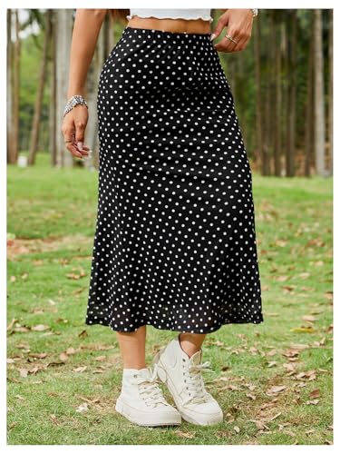 Women's Polka Dots Fishtail Midi Skirt Elastic Waist Ruffle Hem Mesh Bodycon Skirt