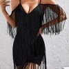 Women's Fringe Trim Cold Shoulder Short Sleeve Bodycon Party Flapper Mini Dress