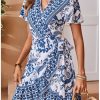 Women's Summer Casual Boho Floral Print Short Sleeve Wrap V Neck Ruffle Hem A Line Dress