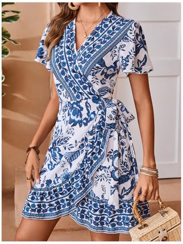 Women's Summer Casual Boho Floral Print Short Sleeve Wrap V Neck Ruffle Hem A Line Dress