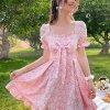 Women's Floral Print Square Neck Bow Front Puff Short Sleeve Ruffle Hem A Line Dress