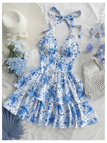 Women's Floral Layered Ruffle Halter Mini Dress Lace Up Tie Backless Deep V Neck A Line Dresses