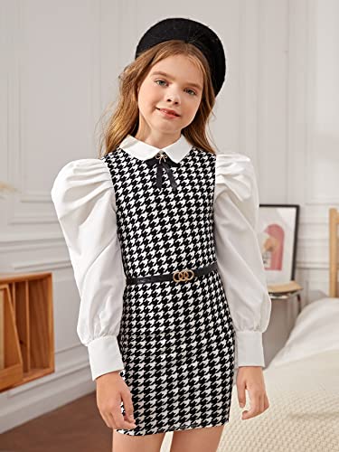 Girl's Houndstooth Long Puff Sleeve Fitted Mini Dress Vintage Cute Dress