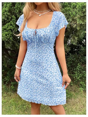 Women's Vintage Floral Print Mini Dress Cap Sleeve Square Neck Short Dresses