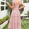 Women's 2025 Summer Wedding Guest Dress Ruffle Sleeve Smocked Square Neck Long Flowy Tiered Maxi Sundress