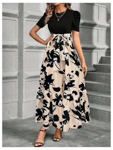 Women's Floral Print Color Block Maxi Dress Puff Sleeve Belted A Line Dresses