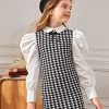Girl's Houndstooth Long Puff Sleeve Fitted Mini Dress Vintage Cute Dress