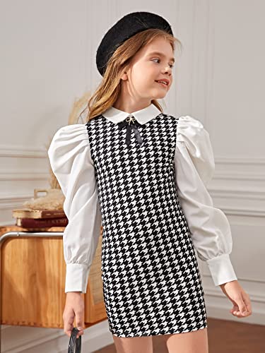 Girl's Houndstooth Long Puff Sleeve Fitted Mini Dress Vintage Cute Dress