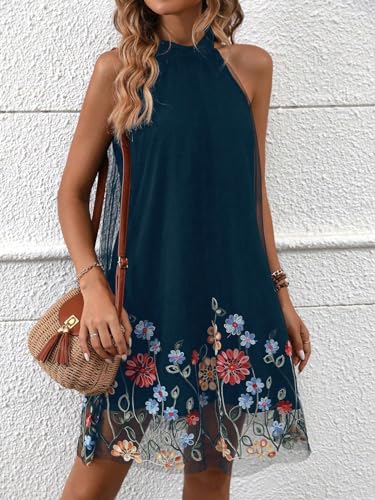 Women's Floral Embroidery Dress Halter Sleeveless A Line Flare Boho Dresses