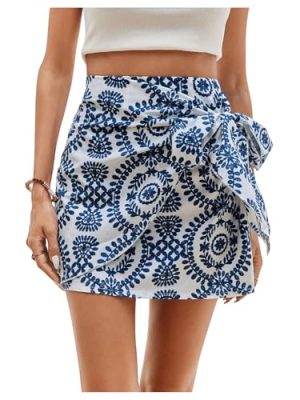 Women's Allover Print Knot Side High Waist Wrap Skirt Zipper Back Boho Mini Skirt