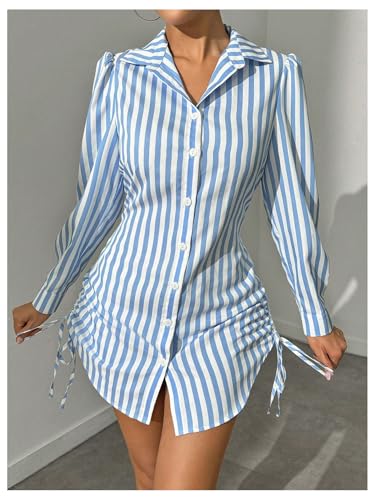 Women's Striped Button Down Drawstring Side Dress Long Sleeve Collared Smocked Shirt Dresses