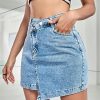 Women's Raw Trim Bodycon Denim Skirt Asymmetrical High Waisted Ripped Mini Jean Skirt with Pocket