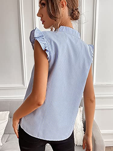 Women's Striped Ruffle Cap Sleeve Notched V Neck Blouse Top Shirt