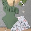 Girl's 2 Piece Swimsuit Asymmetrical Ruffle One Piece with Tropical Print Cover Up Skirt