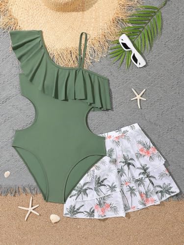 Girl's 2 Piece Swimsuit Asymmetrical Ruffle One Piece with Tropical Print Cover Up Skirt