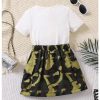 Girl's 2 Piece Outfits Letter Graphic Print Short Sleeve T-Shirt and Camo Print Cargo Skirt Set