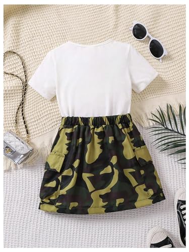 Girl's 2 Piece Outfits Letter Graphic Print Short Sleeve T-Shirt and Camo Print Cargo Skirt Set