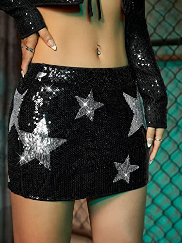 Women's Sparkly Sequin Bodycon Mini Skirt Low Rise Star Graphic Party Club Rave Skirts