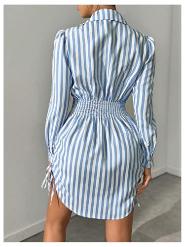Women's Striped Button Down Drawstring Side Dress Long Sleeve Collared Smocked Shirt Dresses