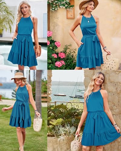 Womens 2025 Summer Dress Halter Wedding Guest Casual Beach Vacation Outfits Belted Sundresses with Pockets