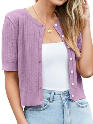 Womens Cropped Cardigan Sweaters 2025 Summer Lightweight Short Sleeve Bolero Shrug Hollow Out Button Down Tops