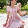 Women's Floral Print Square Neck Bow Front Puff Short Sleeve Ruffle Hem A Line Dress