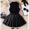 Toddler Girl's 2 Piece Outfits Button Collar Tank Top Pleated Pu Leather Aline Skirt Set