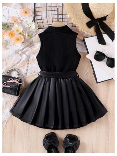 Toddler Girl's 2 Piece Outfits Button Collar Tank Top Pleated Pu Leather Aline Skirt Set