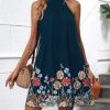 Women's Floral Embroidery Dress Halter Sleeveless A Line Flare Boho Dresses