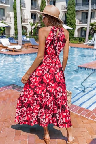 Womens 2025 Summer Vacation Outfits Halter Neck Floral Tiered Ruffled Flowy Casual Beach Boho Long Maxi Dress