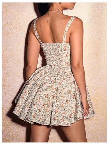 Women's Floral Print A Line Mini Dresses Bow Smocked Ruffle Hem Cami Dress
