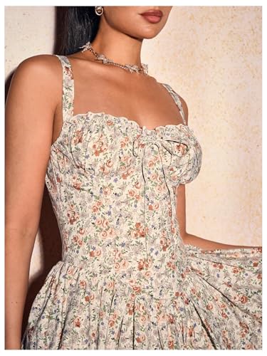 Women's Floral Print A Line Mini Dresses Bow Smocked Ruffle Hem Cami Dress