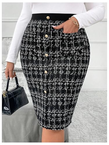 Women's Plus Size Plaid Skirt High Waisted Button Front Split Hem Knee Length Pencil Skirts