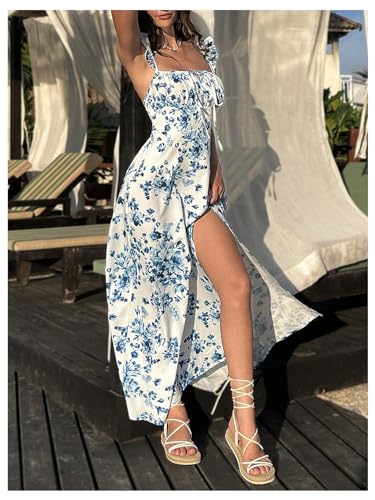 Women's Floral Print Ruched Square Neck Maxi Dress Tie Back High Slit Flared Dresses