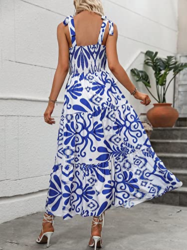 Women's Floral Print Flounce Square Neck Sleeveless Tie Shoulder Boho Cami Dress