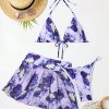 Women's 3 Piece Halter Triangle Bikini Marble Print Swimsuits and Coverup Skirt