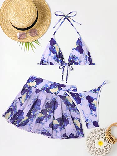 Women's 3 Piece Halter Triangle Bikini Marble Print Swimsuits and Coverup Skirt