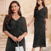 Women Sequin Formal Party Dress Cocktail Evening Gown Wedding Dresses with Shawl