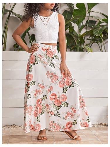 Girl's 2 Piece Outfits Lace Sleeveless Tank Top and Floral Print A Line Skirt Set