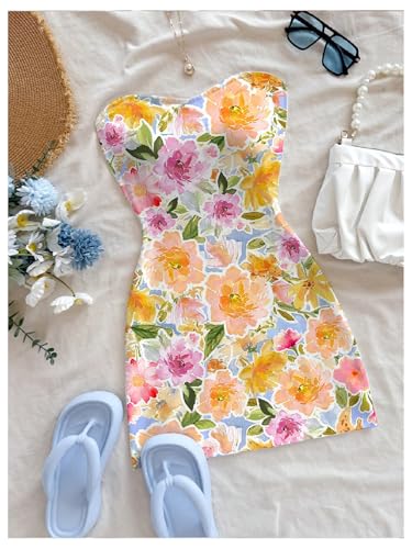 Women's Floral Strapless Bodycon Mini Dress Sleeveless Summer Beach Tube Dresses