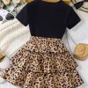 Girl's 2 Piece Set Graphic Short Sleeve Leopard Layered Ruffle A Line Skirt Outfits