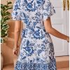 Women's Summer Casual Boho Floral Print Short Sleeve Wrap V Neck Ruffle Hem A Line Dress