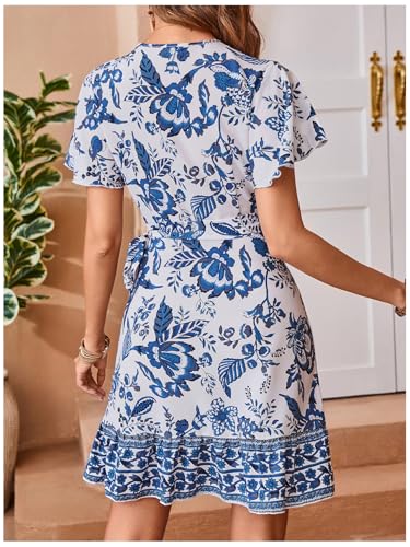 Women's Summer Casual Boho Floral Print Short Sleeve Wrap V Neck Ruffle Hem A Line Dress